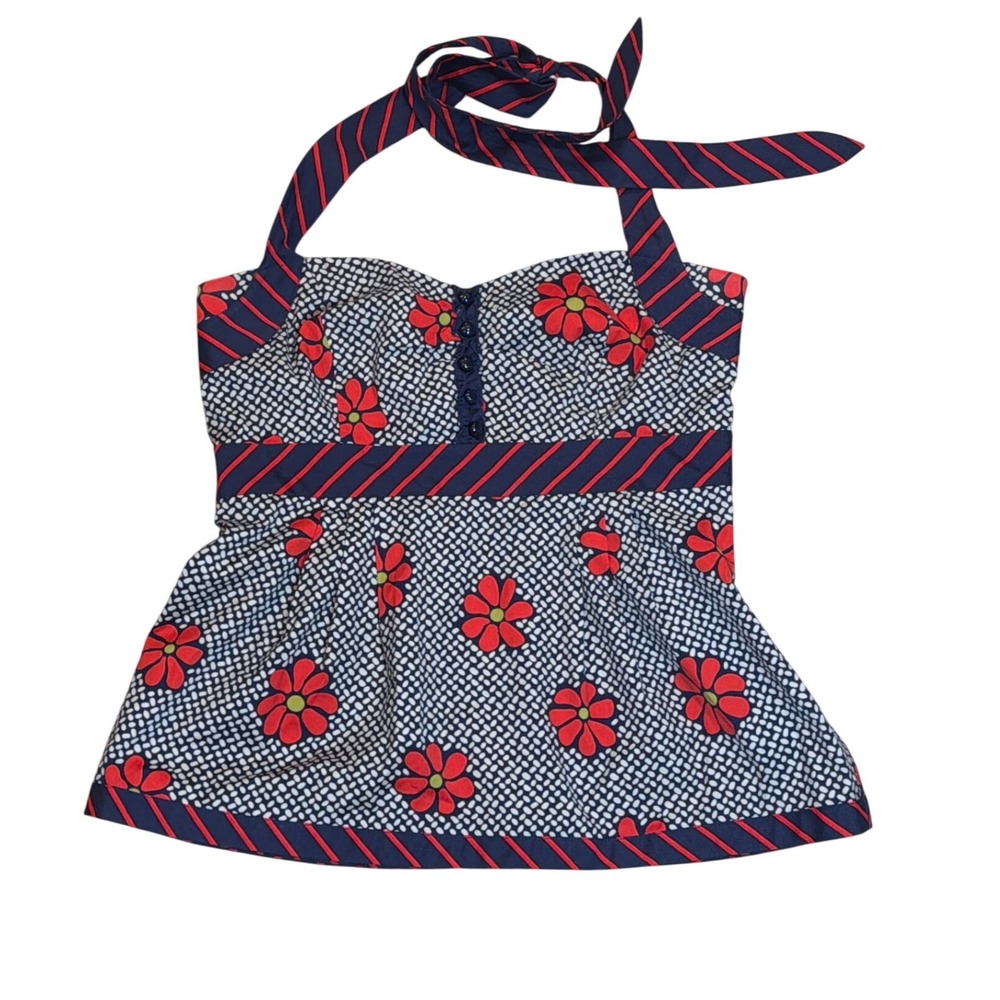 Odille Anthropologie Halter Top Floral Geometric Babydoll Navy Red White Size 2